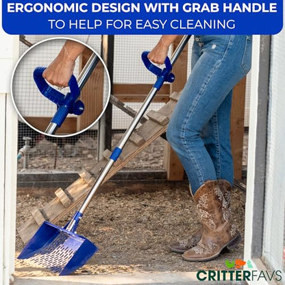 Chicken Poop Scooper with Adjustable Handle – Heavy Duty Metal Chicken Coop Cleaner, Wide Sifting Scoop with Built-in Rake & Hook for Sand, Bedding & Manure