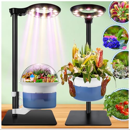Large Venus Fly Trap Terrarium Kit with Grow Light Timer& Adjustable Metal Stand, African Violet Self Watering Planter Pot for Herbs,Carnivorous Plants,Christmas for Dad Garden Lover