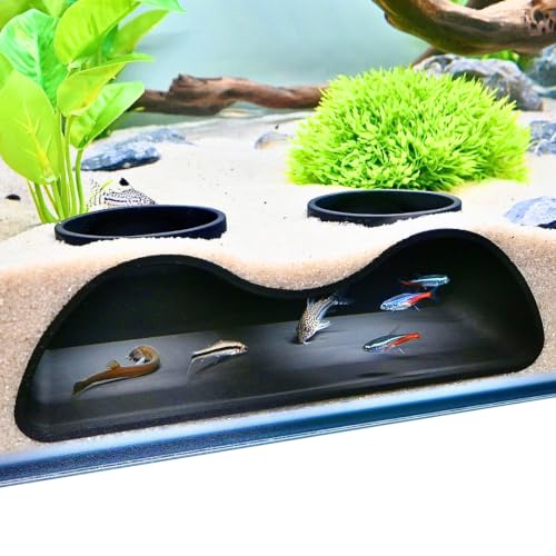 Lucky Critter Aquarium Underground Tunnel Cave Natural Curve Two Hole | Viewing Fish & Shrimp Under Gravel Tunnel | Fish Tank Decor Decoration Hideout Perfect for Corydora Catfish, Kuhli Loach, Pleco - color: Black