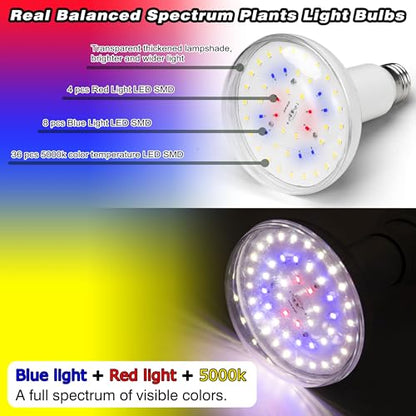 BR30 Led Grow Light Bulbs for Indoor Plants Full Spectrum,E26 BR30 Floodlight Plant Sun Grow Lamp 15W 1800lm,150-200 Watt Equivalent,Balanced Spectrum 5000K Red Blue for Seeds Greens,Flowers,1Pcs - size: BR30