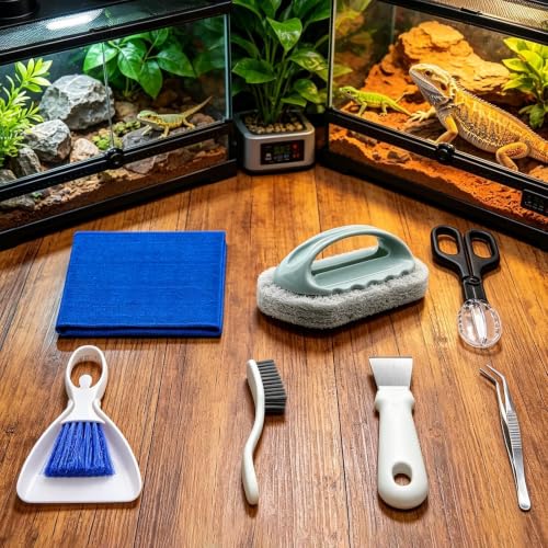 Reptile Tank Cleaner, Cage Cleaning Kit, Dustpan Brush with Refined Texture, Feeding Tongs with Sturdy Panel, 1set Bearded Dragon Supplies, Terrarium Utility for Lizard Gecko Snake Turtle Frog