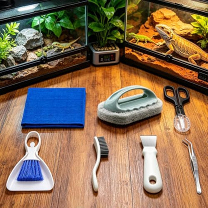 Reptile Tank Cleaner, Cage Cleaning Kit, Dustpan Brush with Refined Texture, Feeding Tongs with Sturdy Panel, 1set Bearded Dragon Supplies, Terrarium Utility for Lizard Gecko Snake Turtle Frog