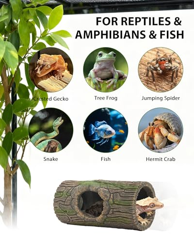 REPTITRIP Magnetic Crested Gecko Hideout - Resin Hollow Log Cave, Reptile Hide Cave, Reptile & Amphibian Habitat Hide, Terrariums Decor