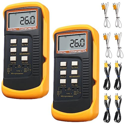 2 Pcs Thermocouple Thermometer Digital K Type HVAC Dual Channels Digital Thermometer with 8 Thermocouples Max/min Temperature Measurement, -50~1300°c (-58~2372°f) High Temperature Pyrometer