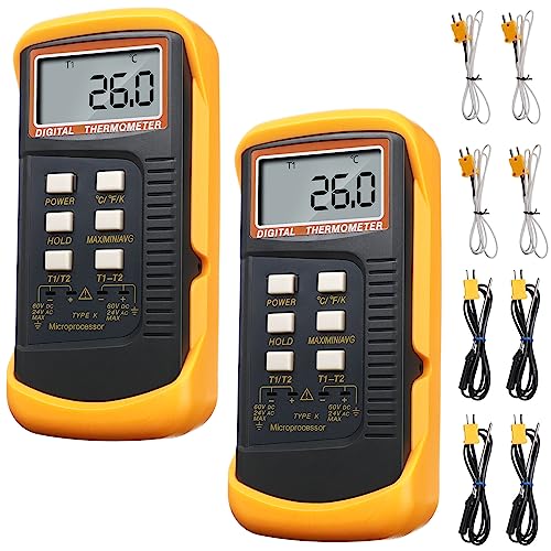 2 Pcs Thermocouple Thermometer Digital K Type HVAC Dual Channels Digital Thermometer with 8 Thermocouples Max/min Temperature Measurement, -50~1300°c (-58~2372°f) High Temperature Pyrometer