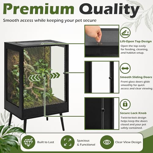 PROLEE 24" x 18" x 36" Tall Reptile Terrarium with Leg Stand, 65 Gallon Vertical Glass Chameleon Cage with Front Opening Doors, Ventilated Mesh Top, Rainforest Habitat for Arboreal Reptiles, Black - size: 24" L x 18" W x 36" H, 65 Gallon