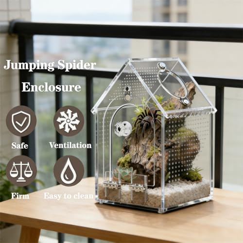 Jumping Spider Enclosure Kit，Pre-Assembled 8 * 5 * 5in Acrylic Tarantula Terrarium，Reptile Ventilated Habitat Accessories for Spider, Mantis, Snail, Frog, Hermit Crabs & Small Pets