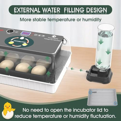 12 Egg Incubator - Automatic Egg Turner, Temperature Control, Built-in Candler, Auto Water Refill for Hatching Chicken, Duck, Quail & Bird Eggs - size: 12 --EGGS