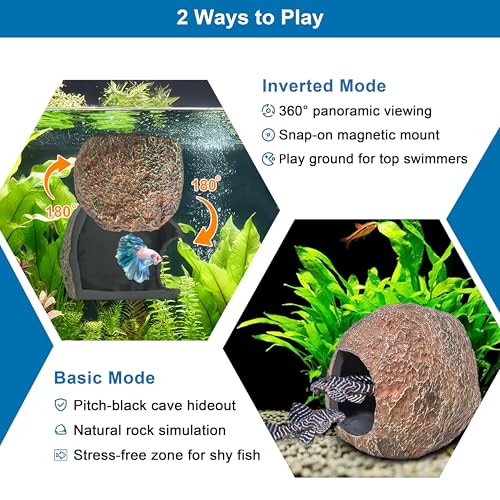 3rd-Gen Magnetic Aquarium Cave, Realistic Magnetic Rocks Fish Tank Decor with Strong Magnet, Resin Pleco Hideout for Betta, Cichlid and Shrimp, Easy Viewing Shelter for Small Fish and Reptiles