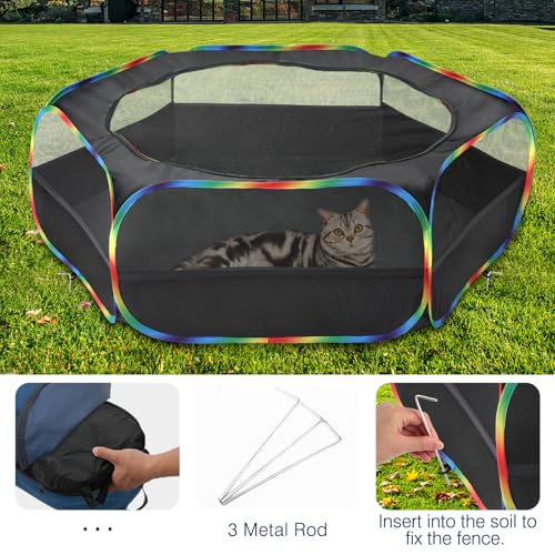 Pawaboo Small Animals Playpen, Waterproof Small Pet Cage Tent with Zippered Cover, Portable Outdoor Yard Fence with 3 Metal Rod for Chick/Kitten/Puppy/Guinea Pig/Rabbits/Hamster, Black + Rainbow - color: Black + Rainbow