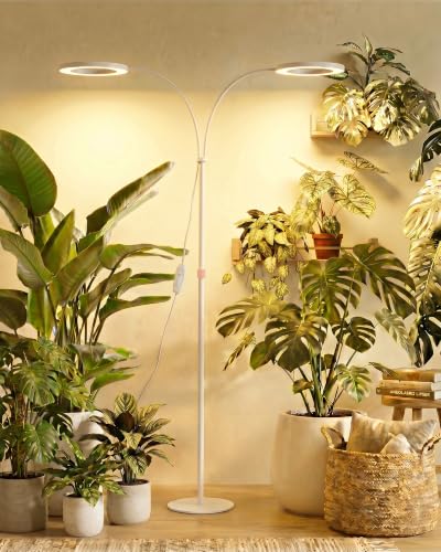 Bamworld Grow Lights for Indoor Plants, 2 Head Full Spectrum Plant Lights for Indoor Growing, Floor Grow Lamp for Large Plants, Auto ON/Off Timer, 10 Dimmable Levels, 37-65" Adjustable Height, White - color: White, size: 2 Head