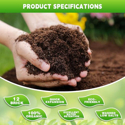12 PCS Coco Coir Bricks - Compressed Coconut Fiber Substrate for Plants, Gardening, Potting Mix. Low EC & Balanced pH Natural Growth Medium for Seed Starting, Herbs