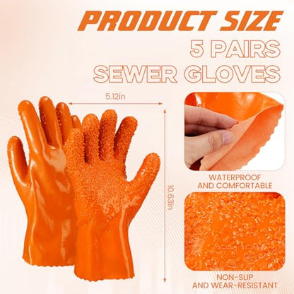 5 Pairs Sewer Snake Glove PVC Non Slip Sewer Gloves Drain Cleaning Glove Plumbing Tools for Professional Plumber - color: Orange