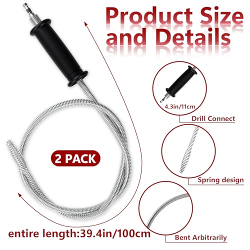 2 Pack 6.5 ft Drain Snake Drill Attachment Sink Hair Drain Clog Remover Attaches to Any Drill Stainless Steel Plumbing Snake Auger Flexible Hair Snakes Tool for Sink Bathtub Shower Bathroom Kitchen
