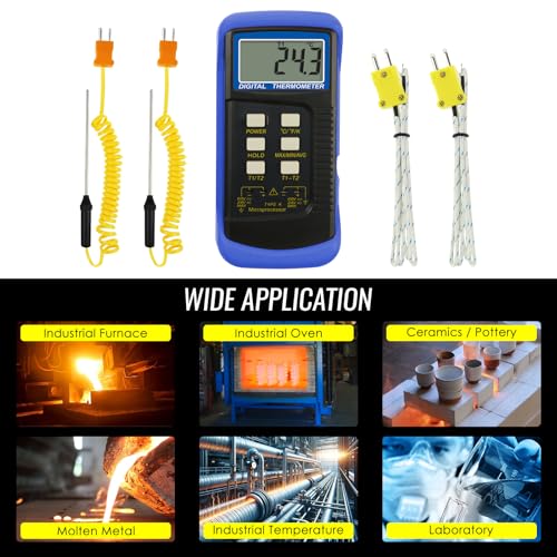 Digital K Type Thermometer with 4 Thermocouples, Dual Channels Thermocouple Tester with MAX/MIN/AVG Temperature Measurement (-501300C)