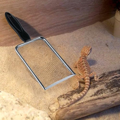 Stainless Steel Mesh Litter Shovel, Fine Mesh Metal Reptile Litter Cleaner Scooper, Black Non-Slip Handle Sifter for Lizard Substrate Reptile Terrarium Sand Waste, 2.8mm Mesh
