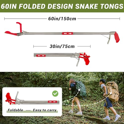 60" Professional Snake Tongs Heavy Duty Reptile Rattle Snake Catcher Wide Jaw Handling Tool Stainless Steel Collapsible Grabber Outdoor Catch Tool with Non-Slip Grip Handle (60inch/150cm)