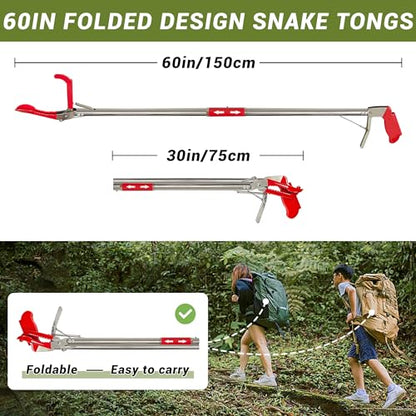 60" Professional Snake Tongs Heavy Duty Reptile Rattle Snake Catcher Wide Jaw Handling Tool Stainless Steel Collapsible Grabber Outdoor Catch Tool with Non-Slip Grip Handle (60inch/150cm)