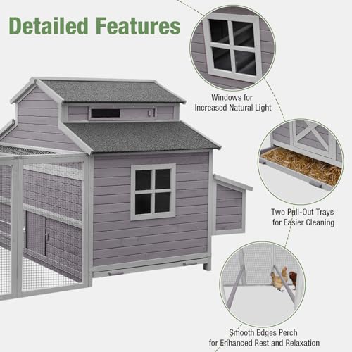 115’’ Large Chicken Coop with Run, Wooden Hen House with Nesting Boxes, Outdoor Poultry Cage with Waterproof Asphalt Roof for 8-10 Chickens, Chicken Tractor with Leakproof Pull-on Tray - size: 115.0"L x 50.0"W x 56.0"H