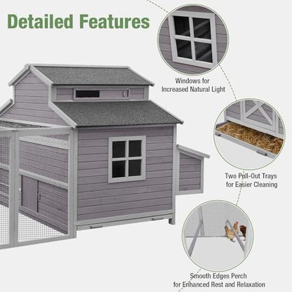 115’’ Large Chicken Coop with Run, Wooden Hen House with Nesting Boxes, Outdoor Poultry Cage with Waterproof Asphalt Roof for 8-10 Chickens, Chicken Tractor with Leakproof Pull-on Tray - size: 115.0"L x 50.0"W x 56.0"H