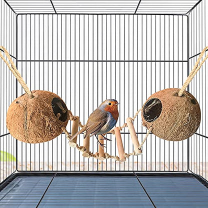 Bird Hides Coconut Nest with Wood Ladder,Syrian Hamster Cage Hanging Natural Coco Shell Hut Hide Toy with Wooden Bridge,Hollow Hideaway Toys for Small Animal Rat Lovebird Finches - size: 1PCS 22.04x13.38in