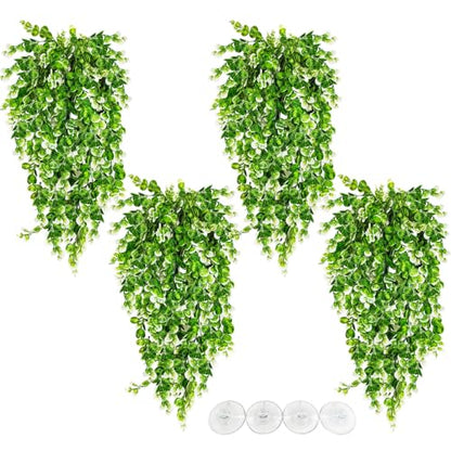 Hamiledyi 4 PCS Hanging Fake Plants for Reptiles, Fake Reptile Plants for Reptiles Tank with Suction Cup, Reptile Plants Jungle Hanging Vines for Bearded Dragon Tank (Green and White) - size: 4 PCS