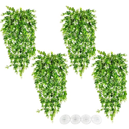 Hamiledyi 4 PCS Hanging Fake Plants for Reptiles, Fake Reptile Plants for Reptiles Tank with Suction Cup, Reptile Plants Jungle Hanging Vines for Bearded Dragon Tank (Green and White) - size: 4 PCS