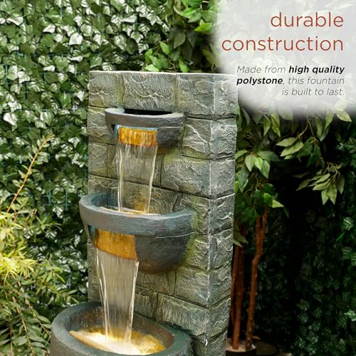 Alpine Corporation TZL384 Outdoor 3 Tier Water Fountain with LED Lights for Garden, Patio, Lawn and Yard Spaces, 51" H, Gray - style: 51"H 3-Tier w/ LEDs