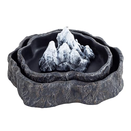 2 Pack Large Reptile Food Bowl and Water Bowl Set, Drowning Prevention Reptile Water Dish and Food Dish with Simulated Rockery, Terrarium Decoration Bowls