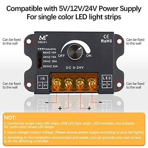 RGBZONE Single Color LED Dimmer, DC 5V/12V/24V 30A PWM Dimming Controller, Frequency Adjustable, for Single Channel 5050 3538 5630 Light Strips, Metal Shell LED Dimmer-No Light Flicker - color: Single Color