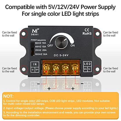 RGBZONE Single Color LED Dimmer, DC 5V/12V/24V 30A PWM Dimming Controller, Frequency Adjustable, for Single Channel 5050 3538 5630 Light Strips, Metal Shell LED Dimmer-No Light Flicker - color: Single Color