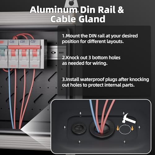 Joinfworld Outdoor Electrical Metal Box 11.8" x 11.8" x 7" Weatherproof Outdoor Junction Enclosure Steel Box with Lock Din Rail Cable Gland - size: 11.8"x11.8"x7"