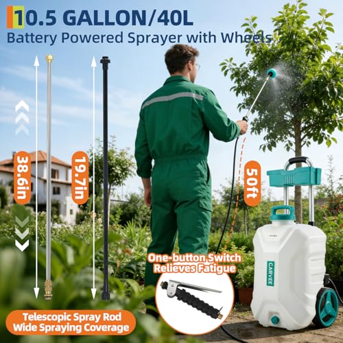 Garvee 10.5 Gallons Battery Powered Sprayer with Wheeled Cart, 18V 4Ah Electric Sprayer with 6 Nozzles & 2 Wands, 4-6 Hour Runtime, 80PSI Adjustable Pressure, Trigger Lock, Yard Sprayers for Lawn - size: 10.5 Gal