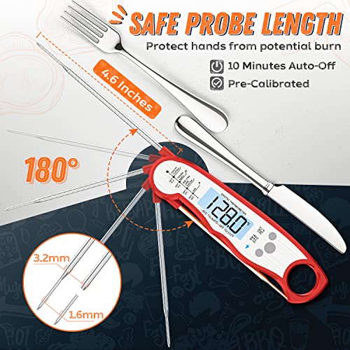 Digital Meat Thermometer, Waterproof Instant Read Food Thermometer for Cooking and Grilling, Kitchen Gadgets, Accessories with Backlight & Calibration for Candy, BBQ Grill, Liquids, Beef, Turkey… - color: Red - Sliver