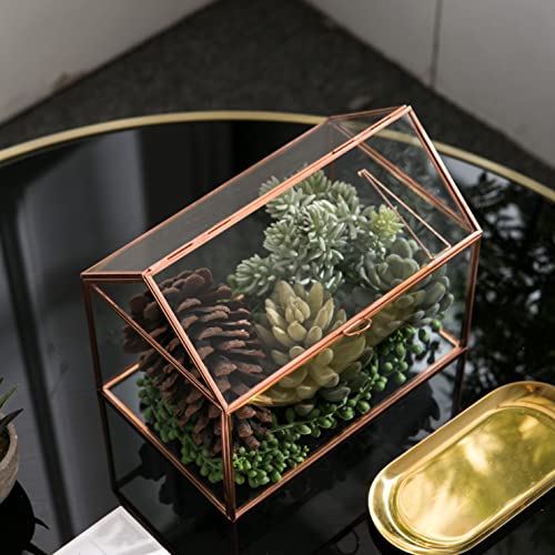 House Shape Close Glass Geometric Terrariumn Tabletop Succulent Plant Garden Geo Planter Moss Fern Swing Lid Reptile, Flower Pot for Plants Succulent, Air Plant (Rose Gold) - color: Rose Gold