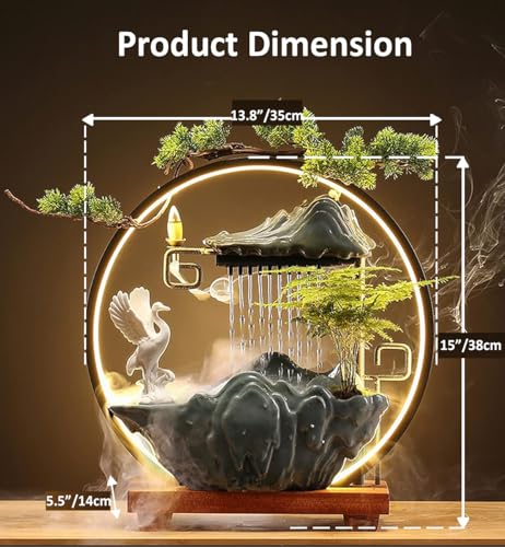 Tabletop Water Fountains Indoor Waterfall Fountain with Mist LED Light Feng Shui Wealth Desk Fountain with Backflow Incense Holder Zen Decor for Meditation (Crane) | Tabletop Water Fountains with Backflow Incense Holder, Indoor Meditation Water Feature fo