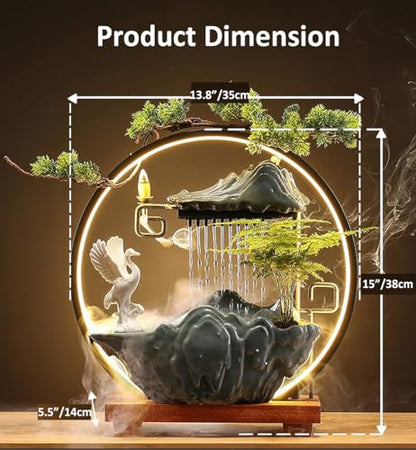 Tabletop Water Fountains Indoor Waterfall Fountain with Mist LED Light Feng Shui Wealth Desk Fountain with Backflow Incense Holder Zen Decor for Meditation (Crane) | Tabletop Water Fountains with Backflow Incense Holder, Indoor Meditation Water Feature fo