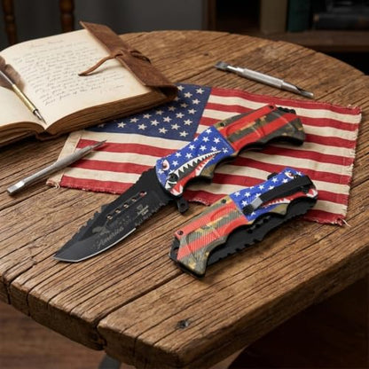 Snake Eye Tactical 8.5" Heavy Duty Folding Pocket Knife –Black Reverse Tanto Half Serrated 3CR13 Steel Blade, Printed Metal Flying Tigers Shark Mouth Camo Handle, 250th Anniversary Edition - color: Camo With Shark Mouth