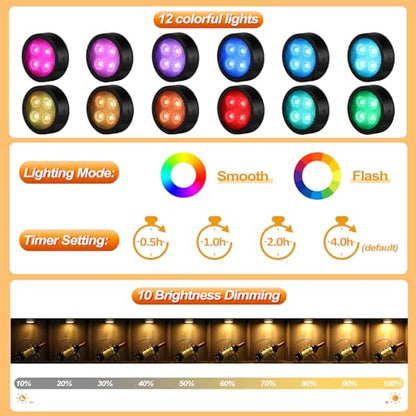 Puck Lights with Remote Timer, Under Cabinet Kitchen Lights Battery Operated LED Lights, Stick on Shelf Lights Wireless Counter Lights, RGB Color Changing Display Lights, 2 Pack Black