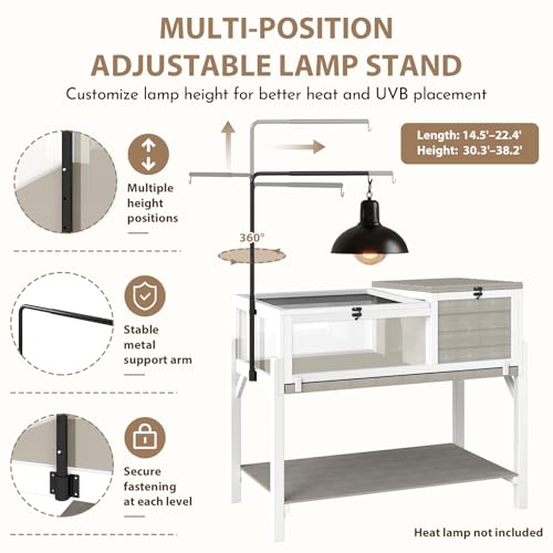 Tortoise Habitat for Small Reptiles, 2-Zone Wooden Turtle Cage with Adjustable Rotating Metal Lamp Stand, Storage Shelf, Indoor Reptile Enclosure for Tortoises, Geckos, Snakes