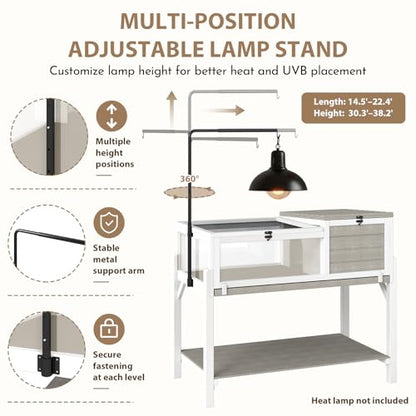 Tortoise Habitat for Small Reptiles, 2-Zone Wooden Turtle Cage with Adjustable Rotating Metal Lamp Stand, Storage Shelf, Indoor Reptile Enclosure for Tortoises, Geckos, Snakes