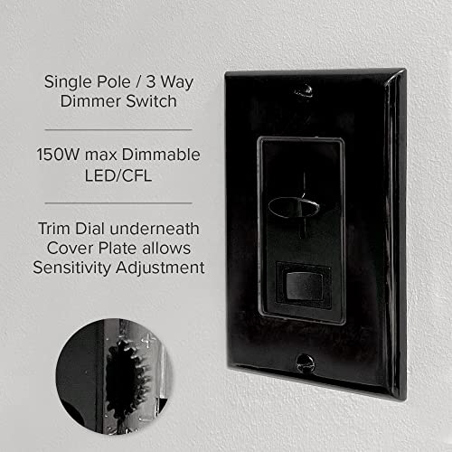 Maxxima LED Dimmer Electrical Light Switch, Black, 3-Way/Single Pole Use | 600 Watt Max, LED and Incandescent Compatible, Wall Plate Cover Included - color: Black