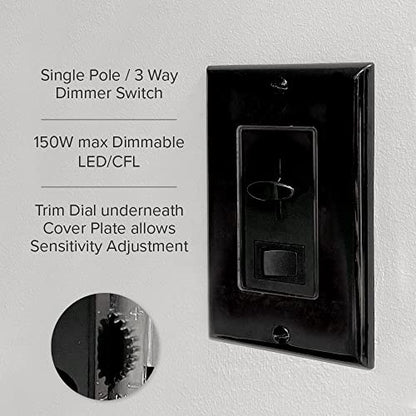 Maxxima LED Dimmer Electrical Light Switch, Black, 3-Way/Single Pole Use | 600 Watt Max, LED and Incandescent Compatible, Wall Plate Cover Included - color: Black