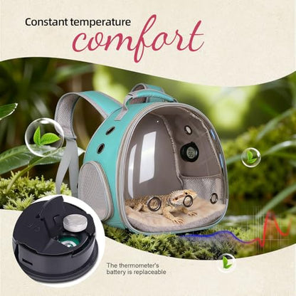 Bearded Dragon Travel Backpack Carrier with Reptile Thermometer and Humidity Gauge Lizard Travel Cage Space Capsule Clear Bubble Window Astronaut Reptile Bag for Ball Python (Green, Backpack+I LSH) - color: Green, size: Backpack+I LSH