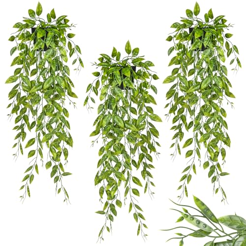 RAINFLOW 3PCS Fake Hanging Pea Vines - Fake Pea Pod Vine, Artificial Pea Hanging Vine, Fake Hanging Plants Artificial Plants Indoor Outdoor Artificial Plants for Shelf Room Decor Long Trailing Leaves