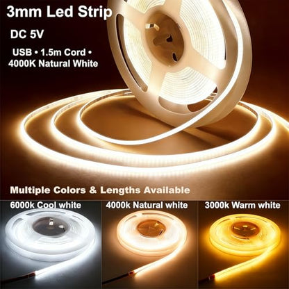 Ultra-Narrow 3mm USB COB LED Strip Lights Self-Adhesive, for Kitchen Cabinets, Bedroom, Gaming Desk (4000k Natural White, 3ft) - color: 4000k Natural White, size: 3ft