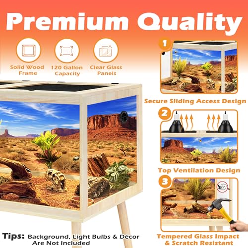PROLEE 120 Gallon Bearded Dragon Tank with Leg Sand, 4x2x2 Reptile Enclosure with Tempered Glass Sliding Doors, Lockable Front Opening and Metal Mesh Top, Large Terrarium for Lizards and Snakes, Oak - color: Oak