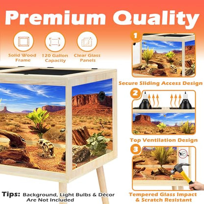 PROLEE 120 Gallon Bearded Dragon Tank with Leg Sand, 4x2x2 Reptile Enclosure with Tempered Glass Sliding Doors, Lockable Front Opening and Metal Mesh Top, Large Terrarium for Lizards and Snakes, Oak - color: Oak