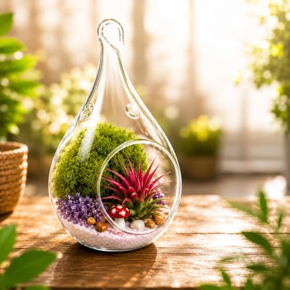 Creations by Nathalie - DIY 5" Terrarium Kit with Live Air Plant (Local & Fresh from Florida), Glass Tear Drop, Reindeer Moss, Figurine, Healing Crystal Chips and Sand - Handmade in USA - color: 5" Teardrop
