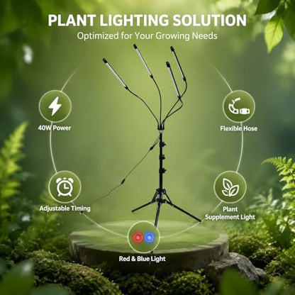 Plant Growing Light Tube 4 Lamp Bar Full Spectrum RedBlue Lighting 40W Adjustable Tripod Stand - Timer On Off Function, Omni - Directional Irradiation, Ideal for Succulent Plants